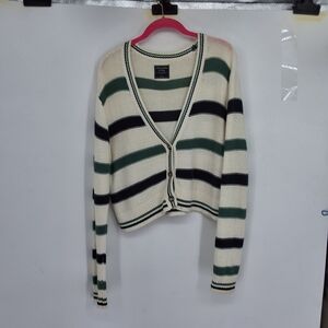 Abercrombie & Fitch Large Striped Cardigan in Cream, Black, and Green